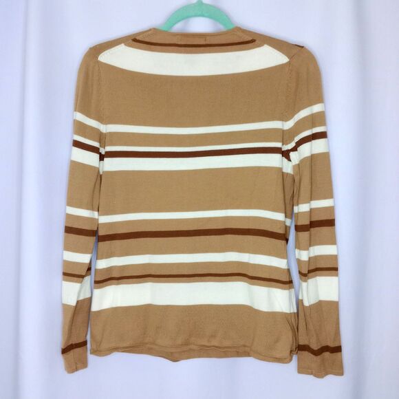 Madison Studio Faux Wrap V Neck Sweater Neutral Stripe Cotton Knit Lightwght Med - Picture 2 of 4